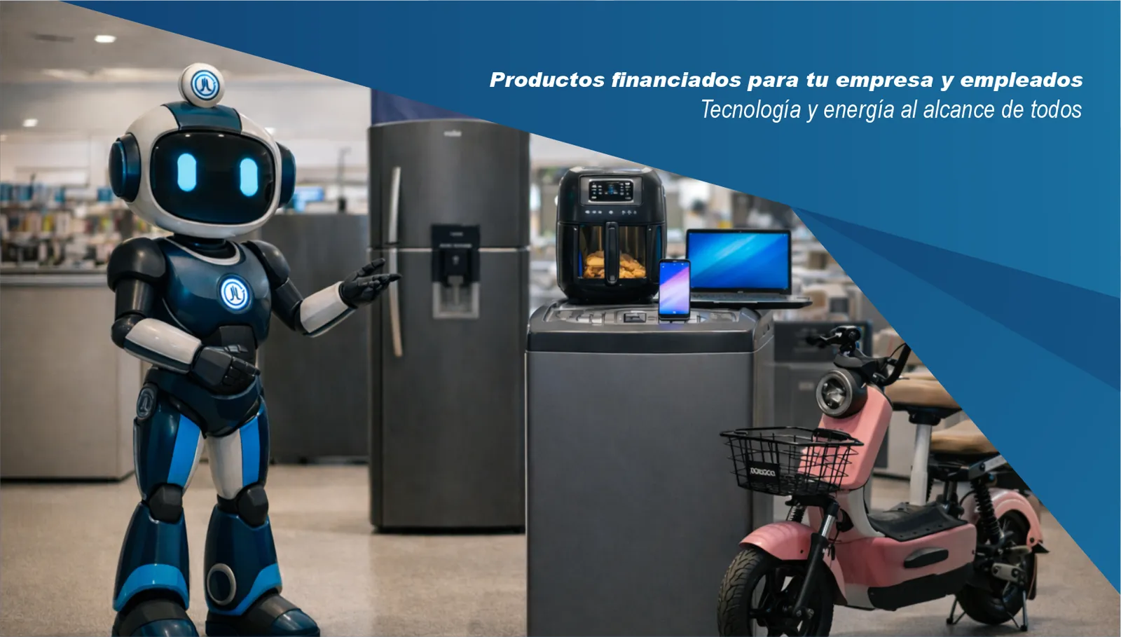 Mascota de JL Mercantil junto a electrodomésticos y movilidad eléctrica financiados para empresas