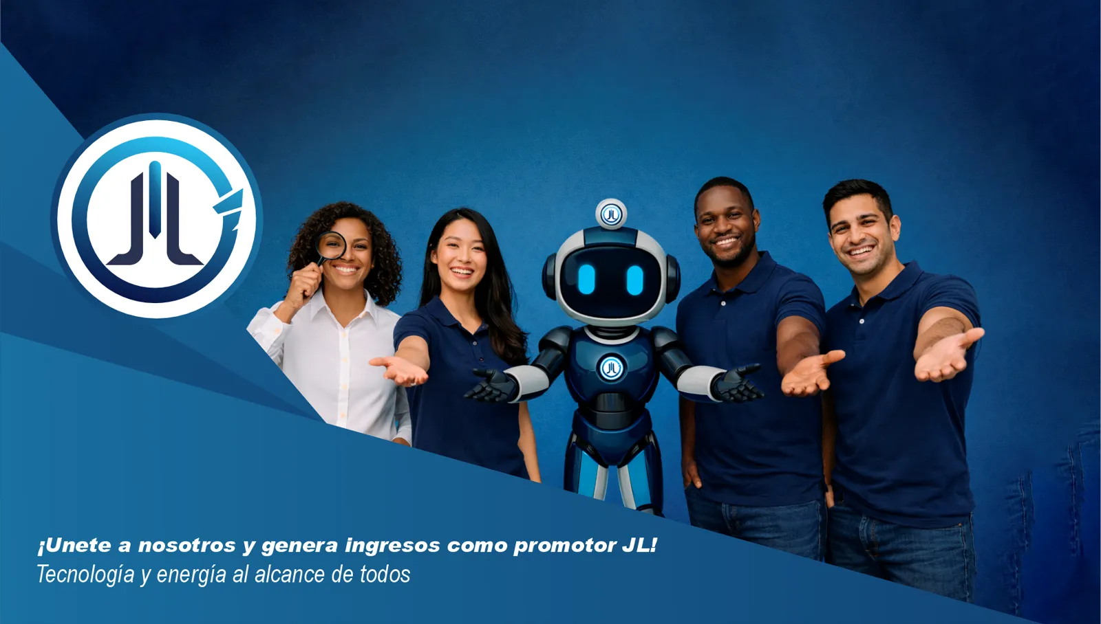 Equipo de JL Mercantil junto a la mascota de la marca